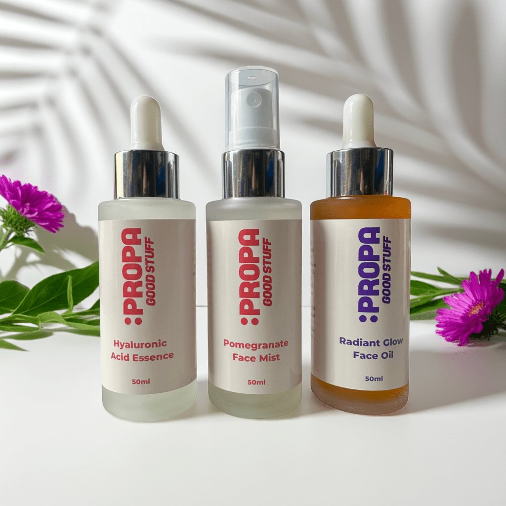 Hydrate & Glow Skincare Bundle - with Pomegranate Face Mist, Hyaluronic Acid Essence & Radiant Glow Face Oil - Propa Good Stuff