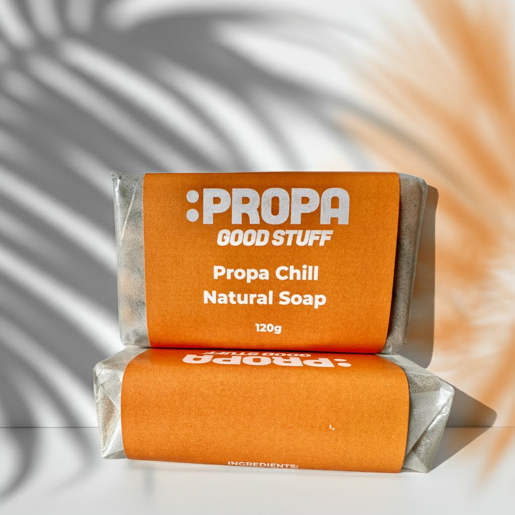 Propa Chill luxury soap bar with cocoa & shea butters, coconut & avocado oils. Scented with sweet orange, lavender & patchouli for a chilled out spa-like scent. Propa Good Stuff