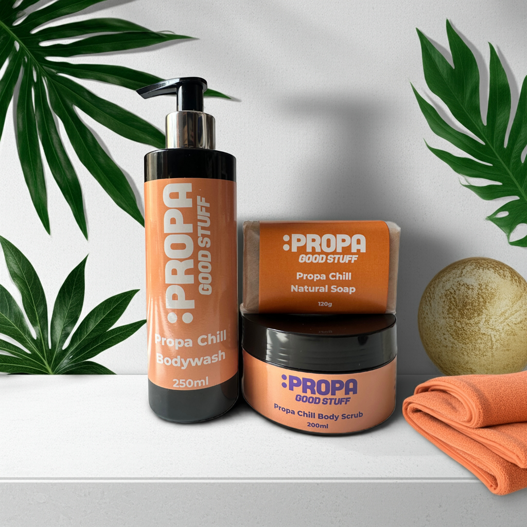 Propa Chill shower saver bundle with aloe vera bodywash, exfoliating sea salt & sugar scrub and luxury handmade soap - Propa Good Stuff