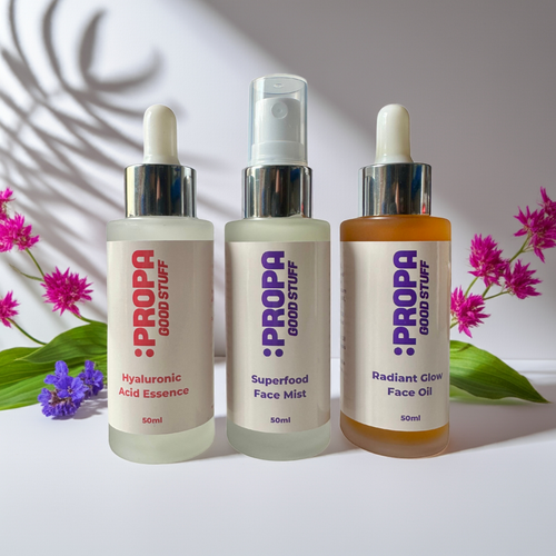 Skincare Bundle with Superfood Face Mist, Hyaluronic Acid Essence & Radiant Glow Face Oil - Propa Good Stuff