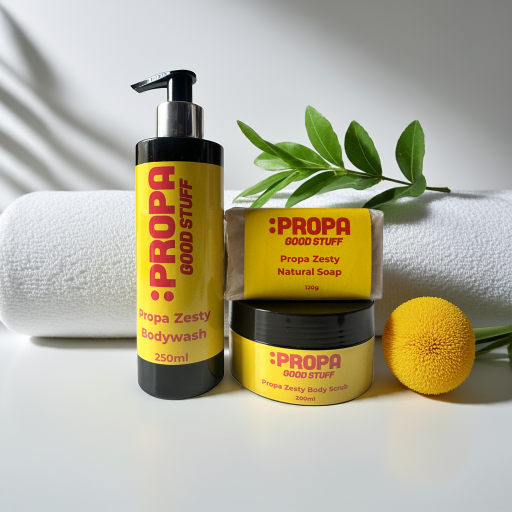 Propa Zesty shower saver bundle with aloe vera bodywash, luxury handmade soap and exfoliating sea salt & sugar scrub - Propa Good Stuff