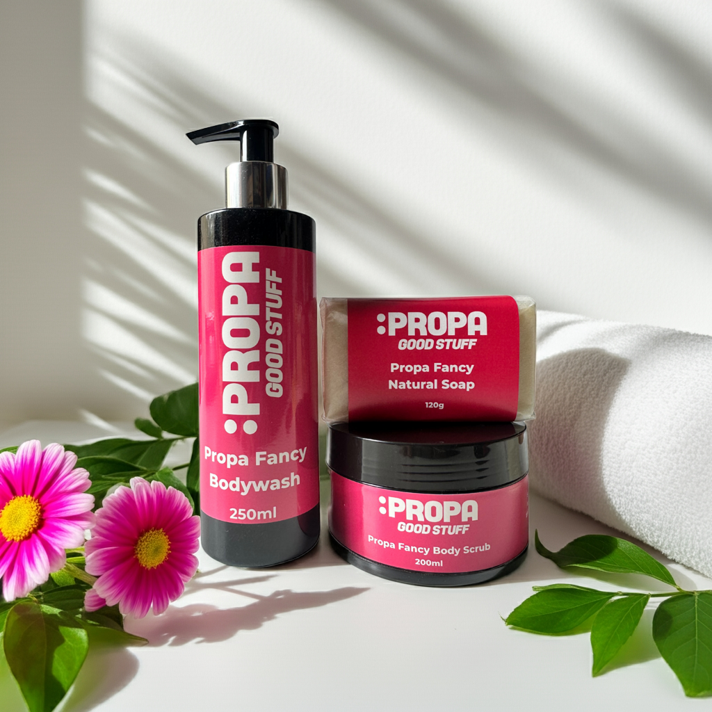 Propa Fancy shower saver bundle with aloe vera bodywash, luxury handmade soap and sea salt and sugar body scrub - Propa Good Stuff